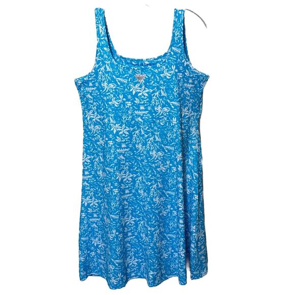 Palm Print Tank Dress Large Blue Sleeveless Vacay Size L PFG Columbia Sportwear - Picture 4 of 13